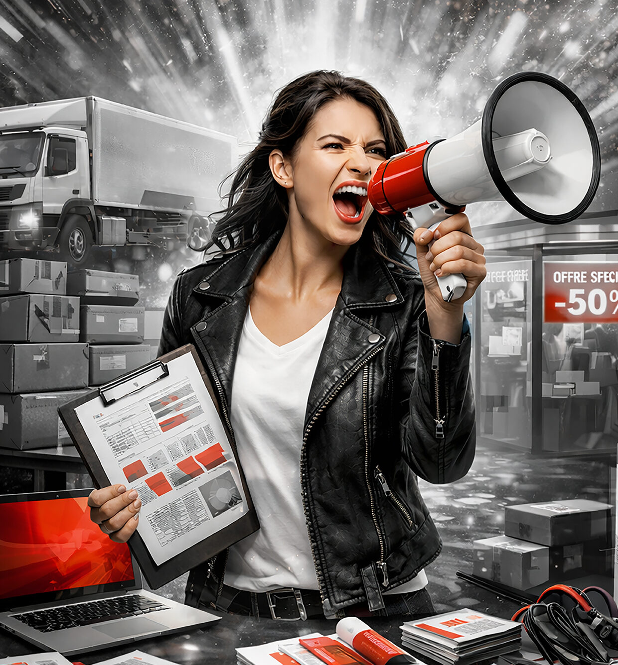 Femme avec un mégaphone, au milieu de supports de communication
